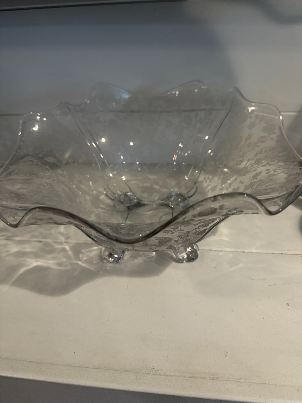 Vintage Clear Glass Ruffled Footed Bowl with Etched Floral Pattern